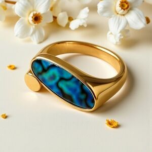 Boho Chic Adjustable Ring Abalone Shell 18K Gold Plated S925 Sterling Silver